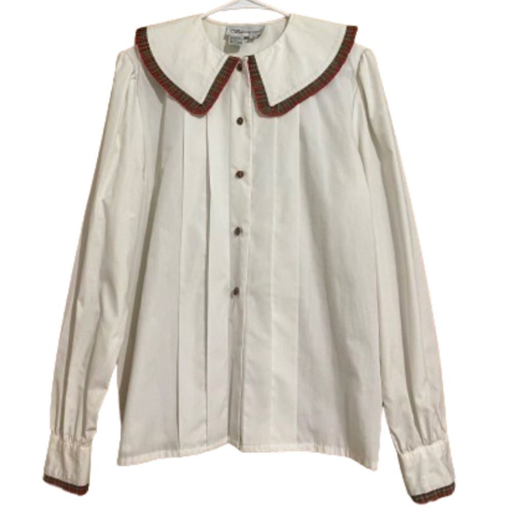 Rare & Collectible WOMEN’s WHITE BUTTON DOWN w/ RED MULTI CHECK TRIM SHIRT Sz-10